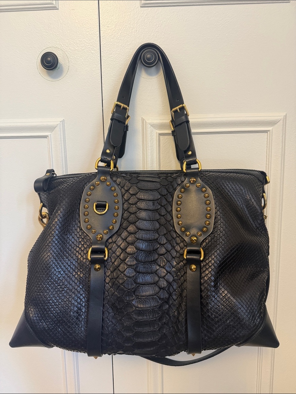 Gucci Patti Python Black Textured Snakeskin Tote with Gold Stud Accents